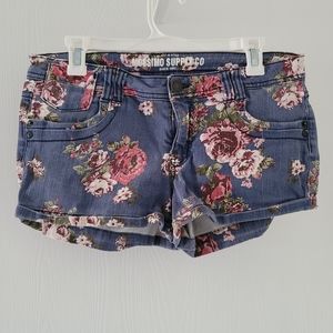 Mossimo Supply Co Juniors Sz 11 Fits 6 Blue  Denim Shorts Floral Print Hemmed